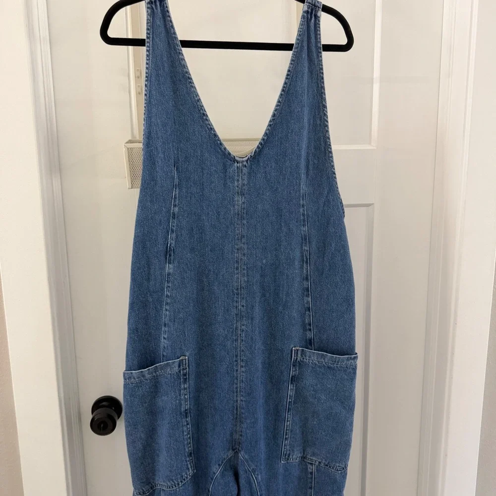 Free People We The Free High Roller Denim Jumpsuit Medium Wash Blue Large L - Picture 3 of 7